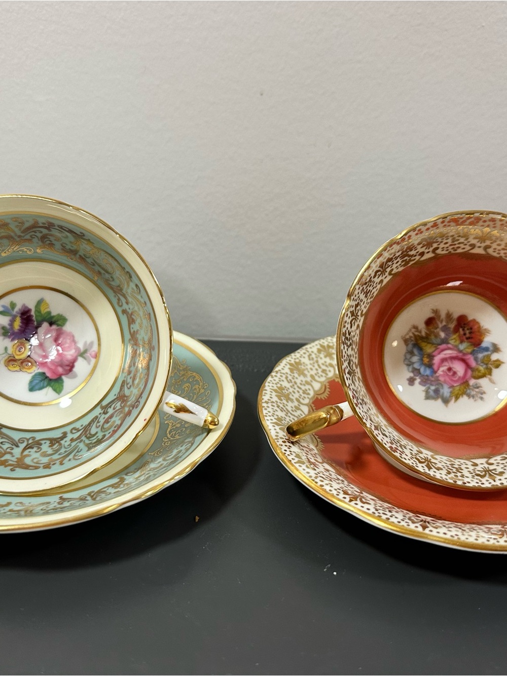 Vintage Aynsley and Paragon Floral Gold-Trim Teacup & Saucer Pair